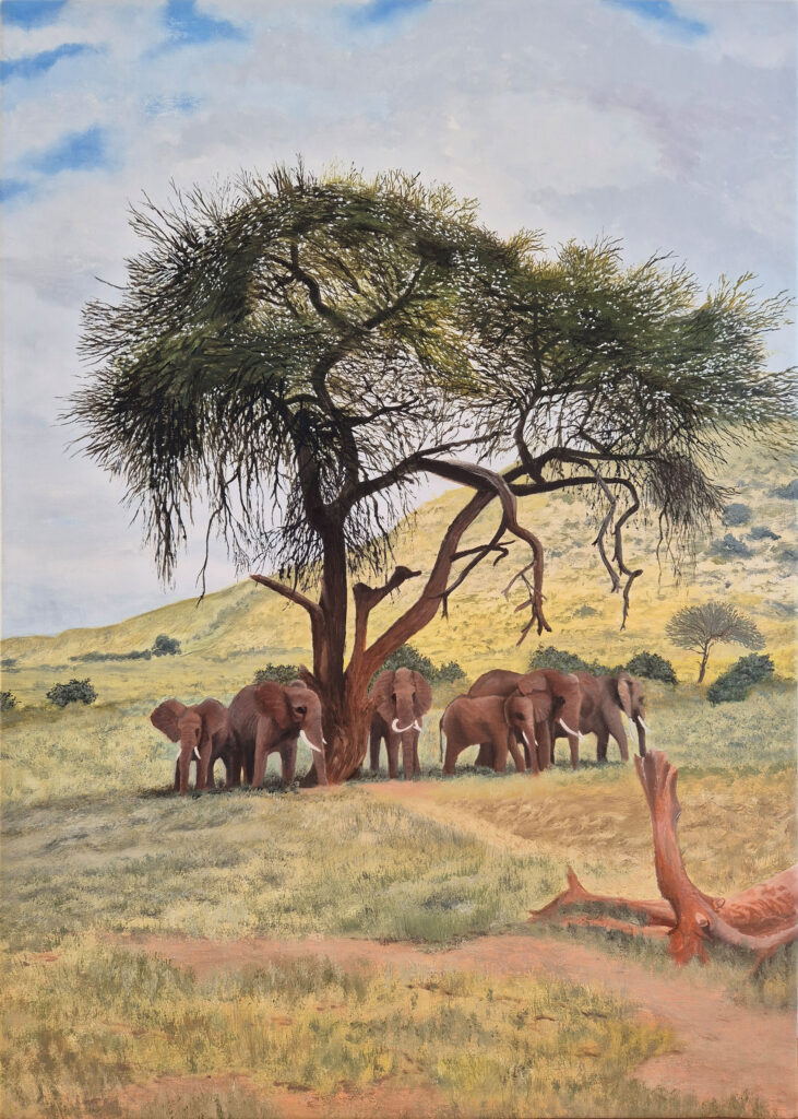 Elefanter på savannen. 70x50 cm, Olie på lærrede