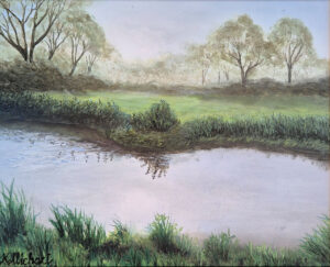 Vejleå efterårs morgen. 19x24cm Olie på panel