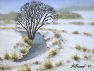 Solgt. Første Sne. 14x18 cm, olie på panel